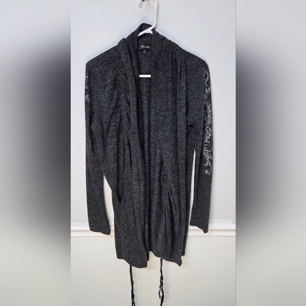 Women's Miss Me Cardigan Size L Embellished Grey Asymmetrical Hem EUC